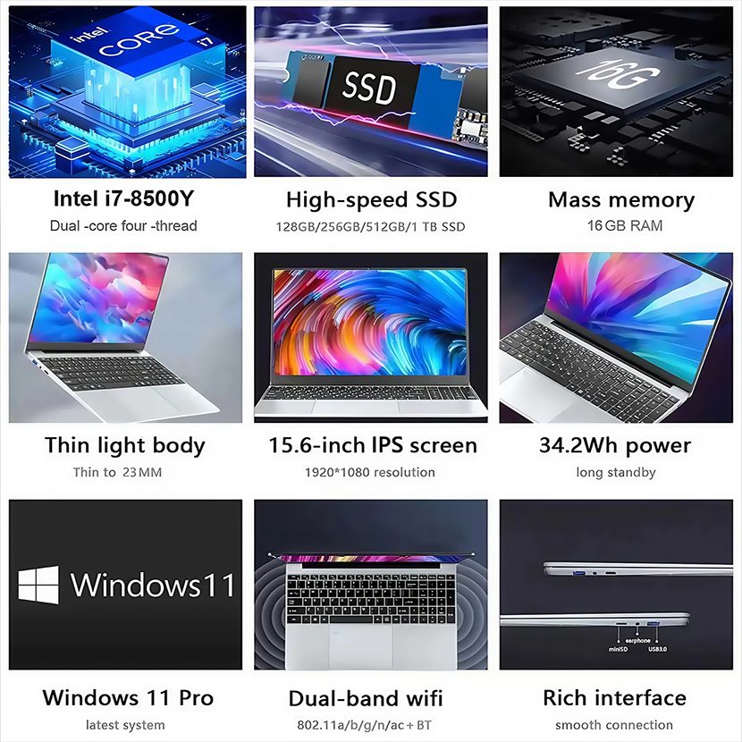 2026 New 15.6" Ultra-thin Business Laptop Intel Core i7 -8500Y Windows 11 Pro Laptop Computer 16GB RAM 2TB SSD Fingerprint Unlock Long Battery Portable Study Office laptop | Shopee Malaysia